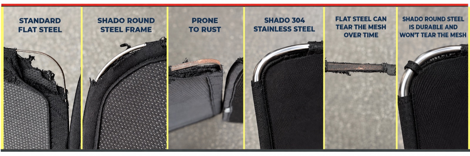 Six close-ups comparing frames. Standard flat steel: a thin flat wire, prone to rust, shown corroded and having torn through the mesh. Our round steel frame: a polished round 304 stainless tube that won't rust and won't tear the mesh.