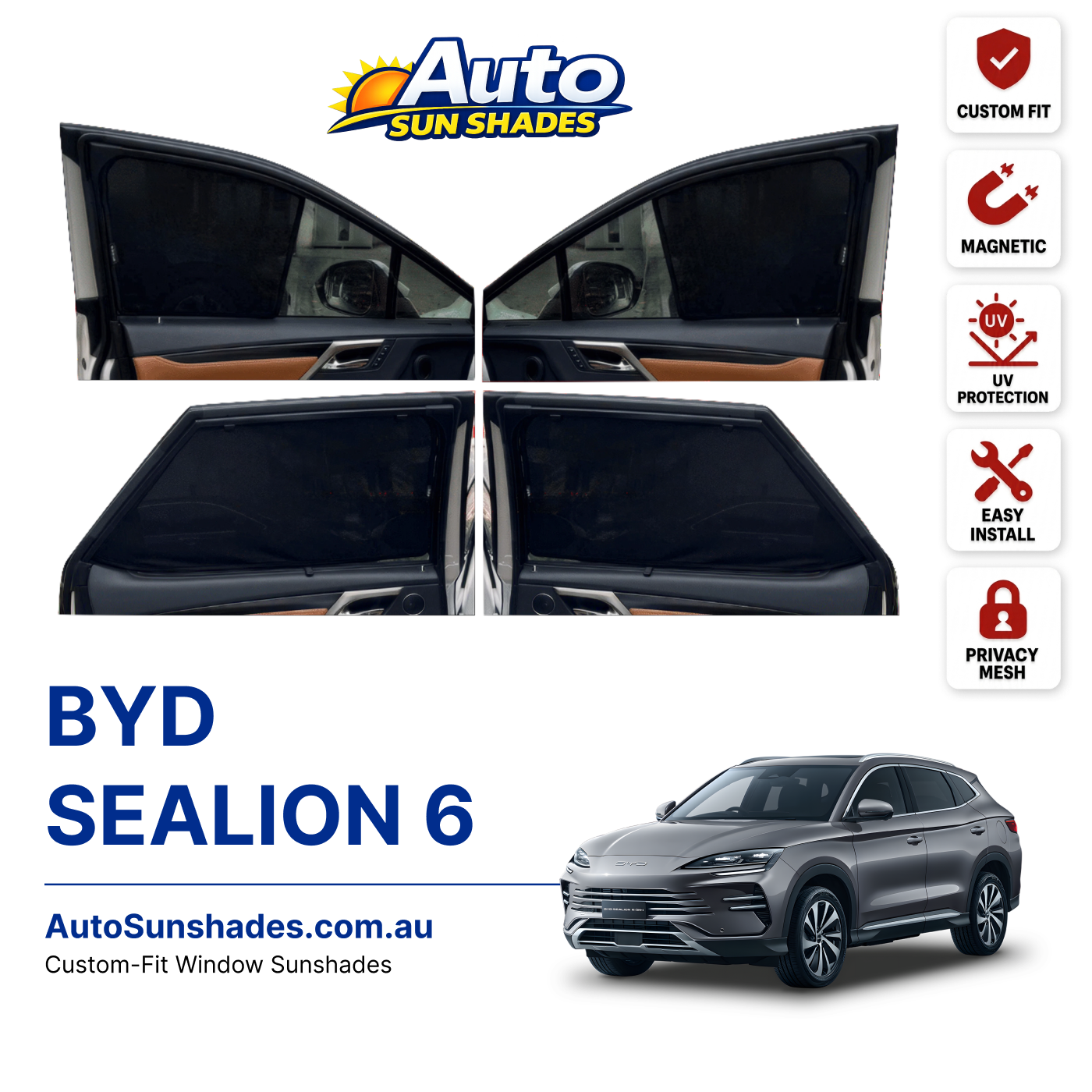 BYD SEALION 6 custom-fit magnetic car window sun shades