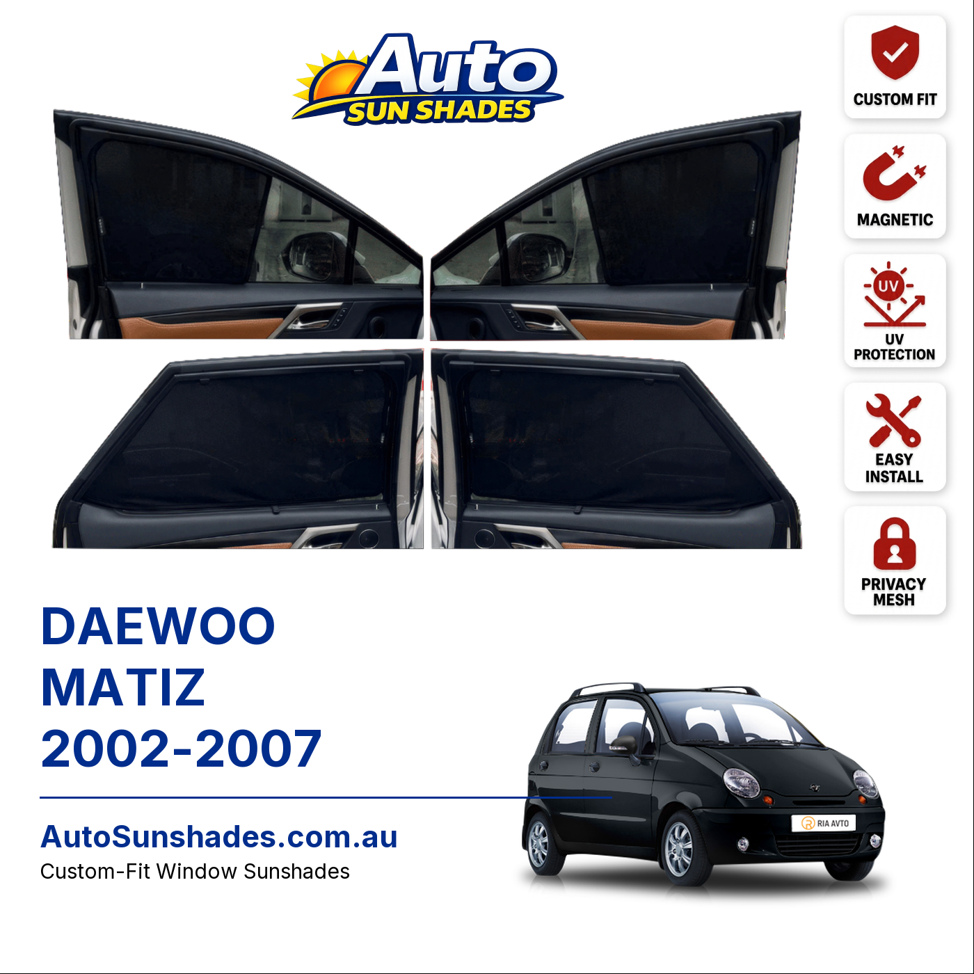 DAEWOO MATIZ 2002-2007 custom-fit magnetic car window sun shades