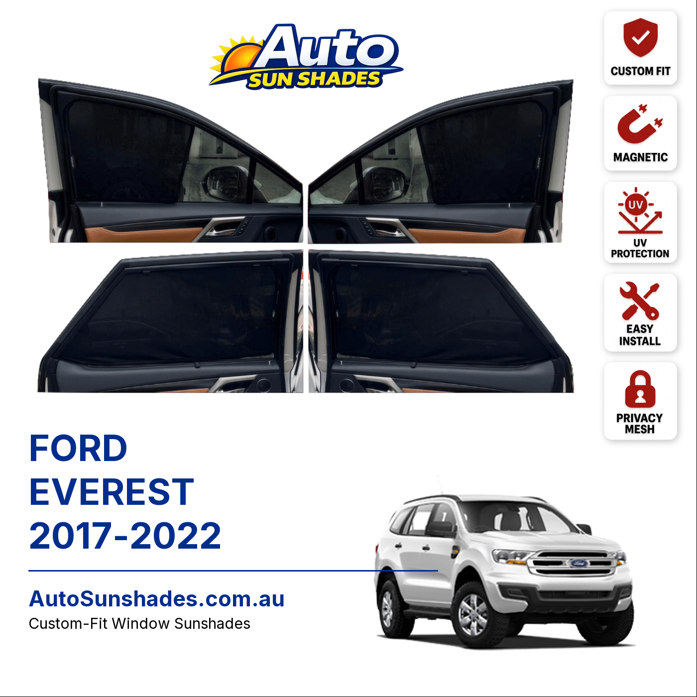 FORD EVEREST 2017-2022 custom-fit magnetic car window sun shades