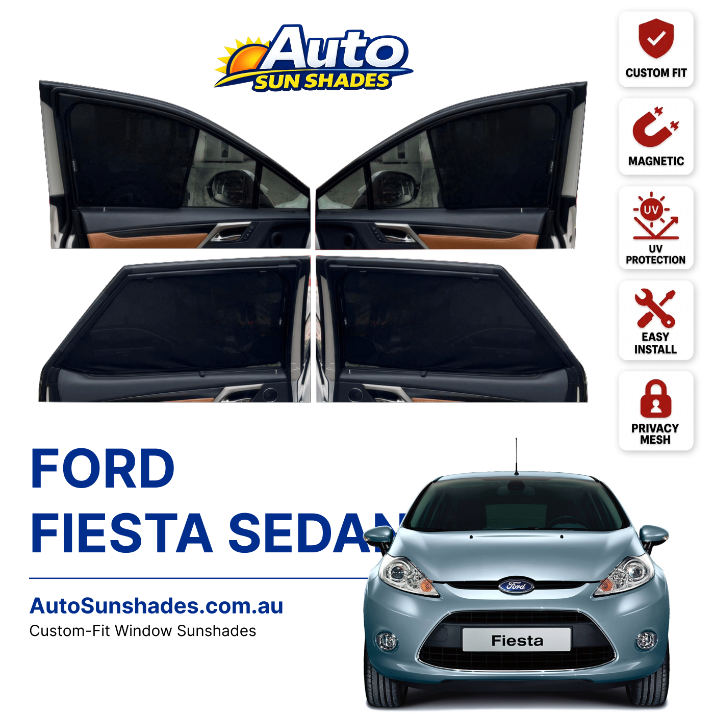 FORD FIESTA SEDAN custom-fit magnetic car window sun shades