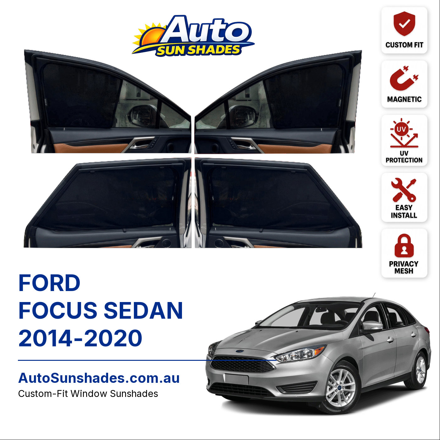 FORD FOCUS SEDAN 2014-2020 custom-fit magnetic car window sun shades