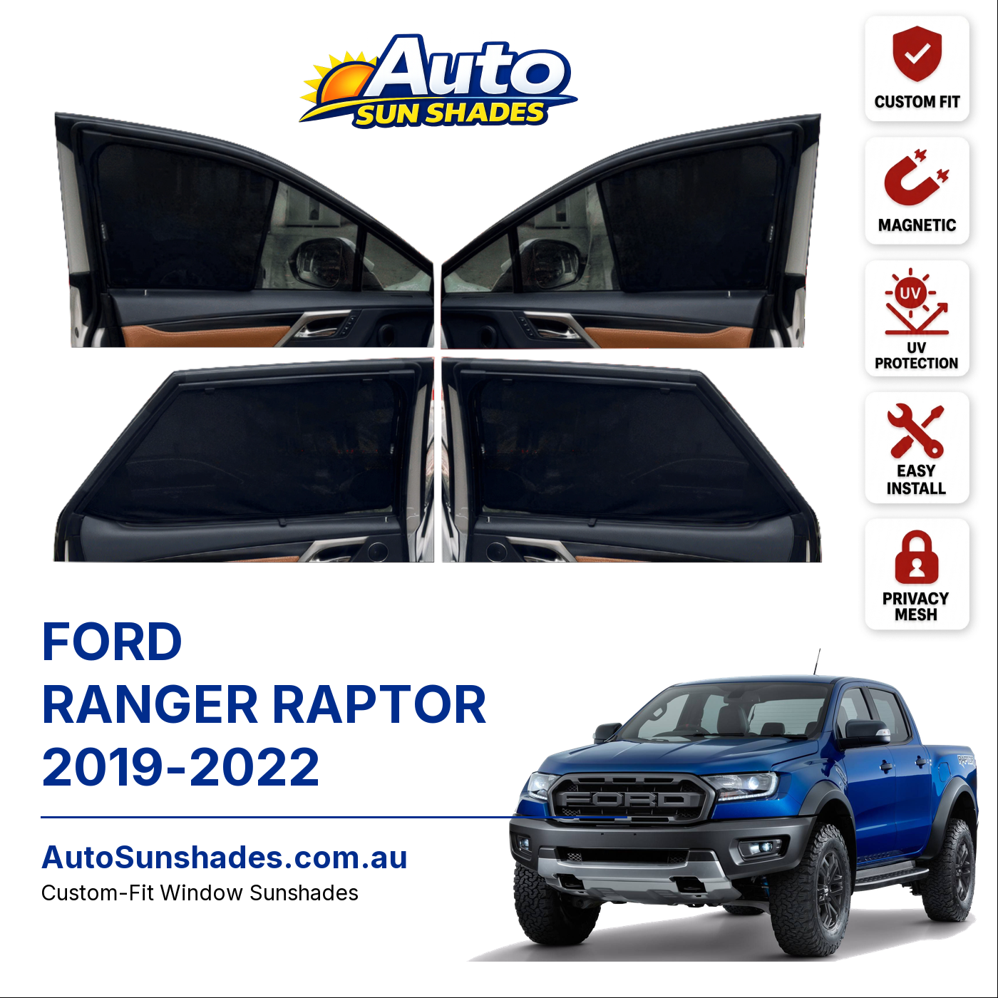 FORD RANGER RAPTOR 2019-2022 custom-fit magnetic car window sun shades