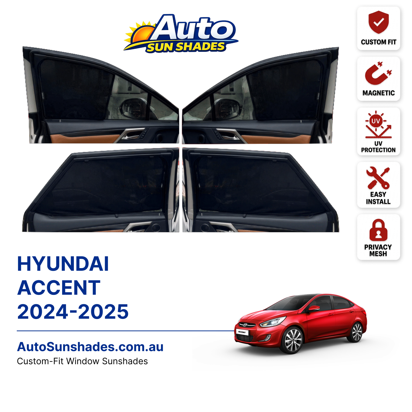 HYUNDAI ACCENT 2024-2025 custom-fit magnetic car window sun shades