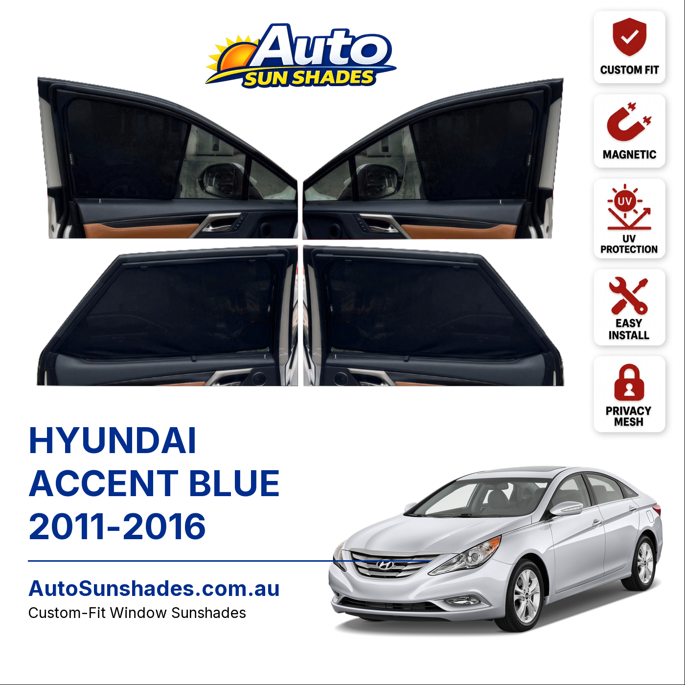 HYUNDAI ACCENT BLUE 2011-2016 custom-fit magnetic car window sun shades
