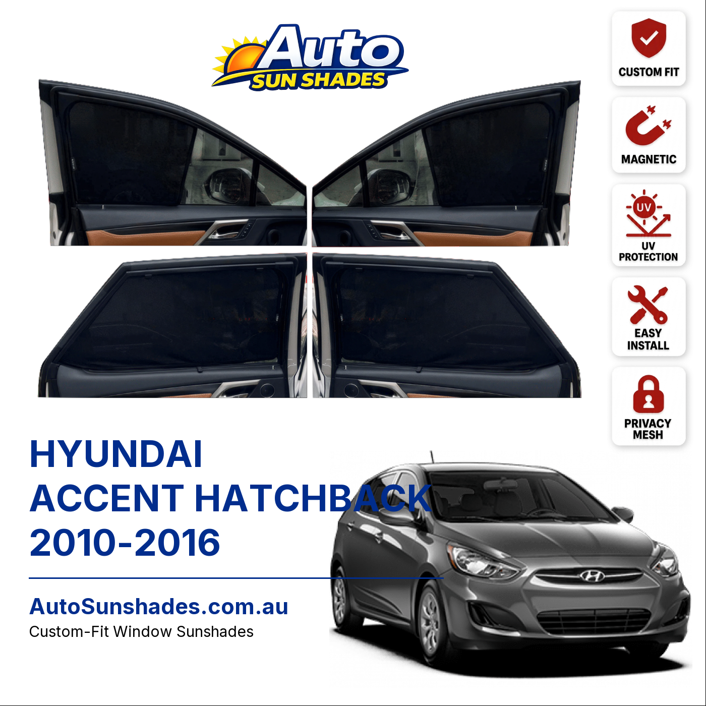 HYUNDAI ACCENT HATCHBACK 2010-2016 custom-fit magnetic car window sun shades
