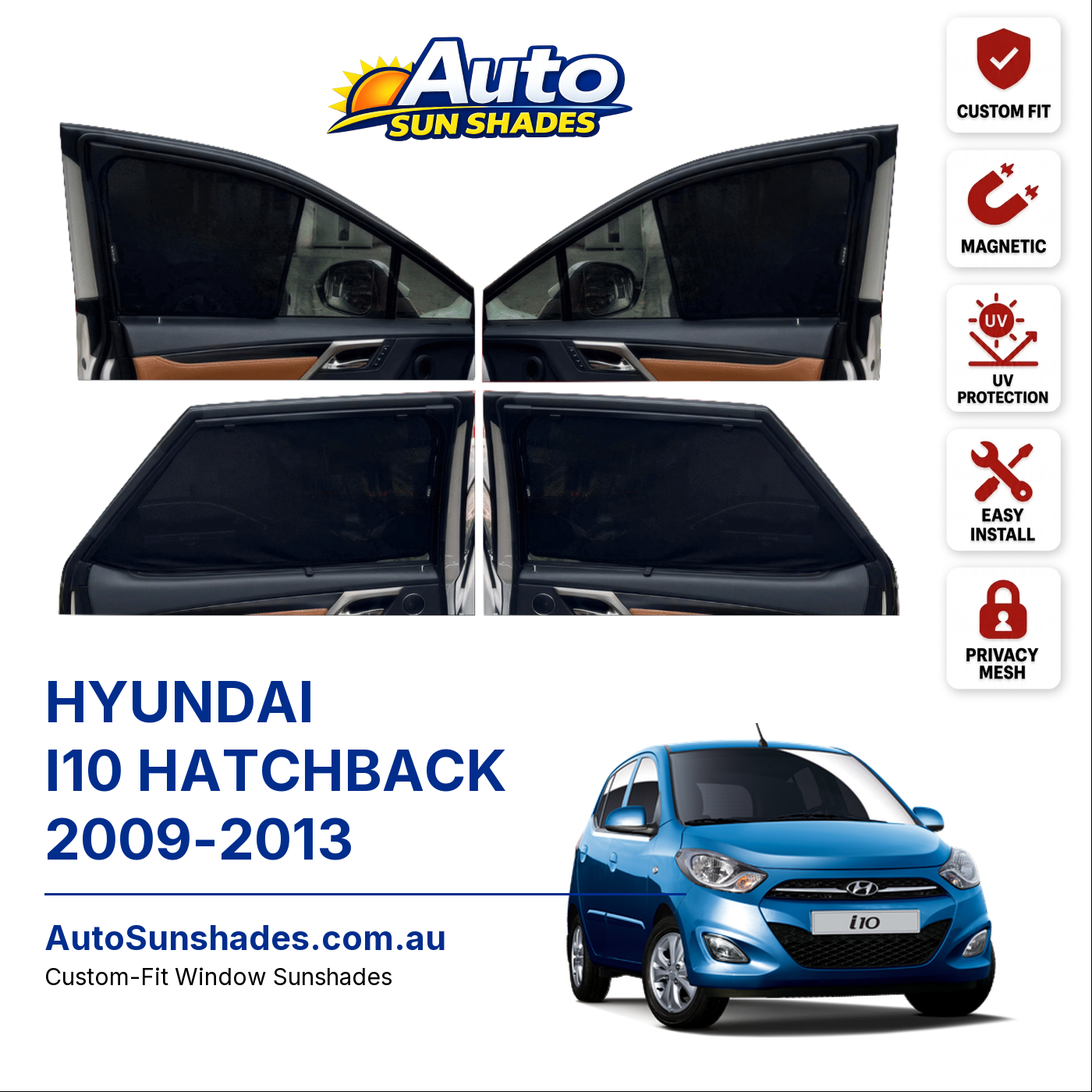 HYUNDAI I10 HATCHBACK 2009-2013 custom-fit magnetic car window sun shades