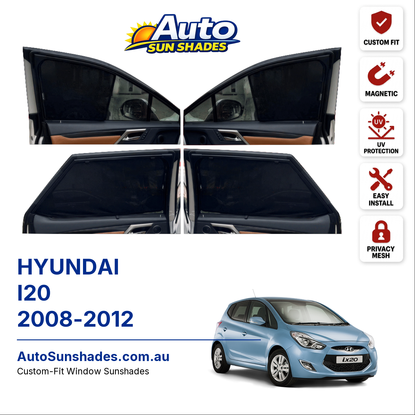 HYUNDAI I20 2008-2012 custom-fit magnetic car window sun shades