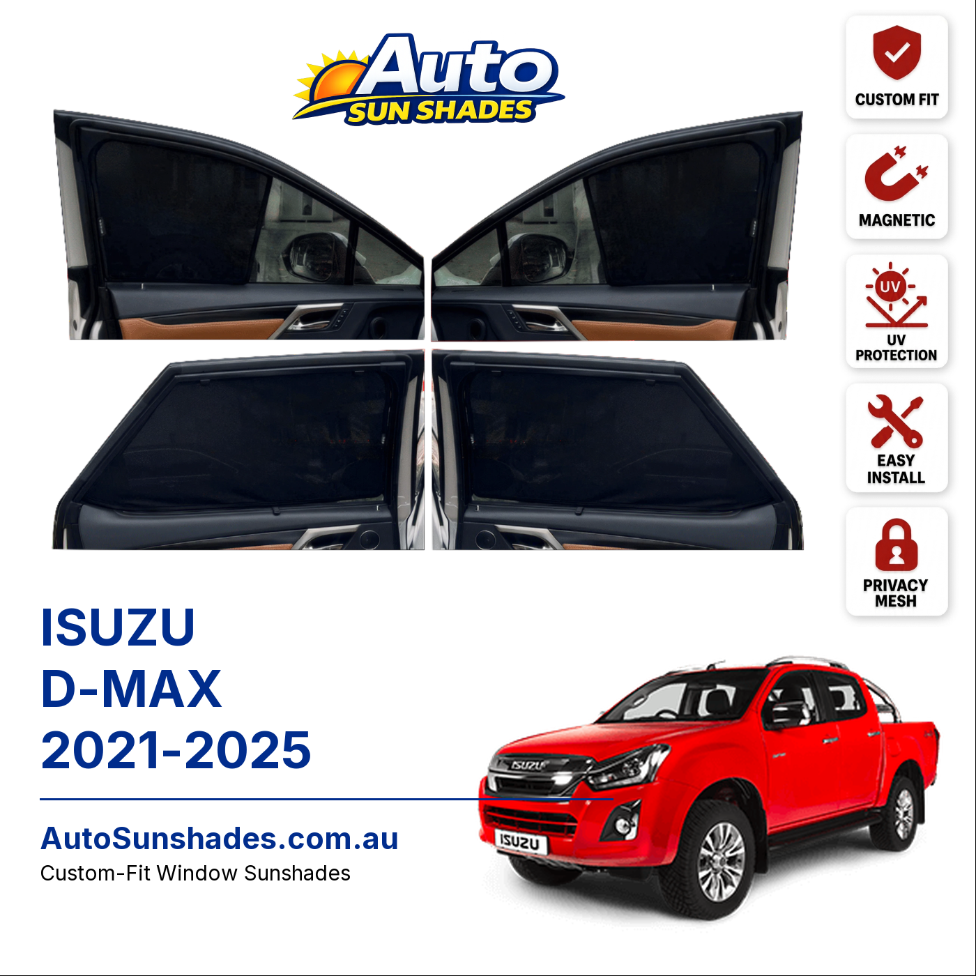 ISUZU D-MAX 2021-2025 custom-fit magnetic car window sun shades
