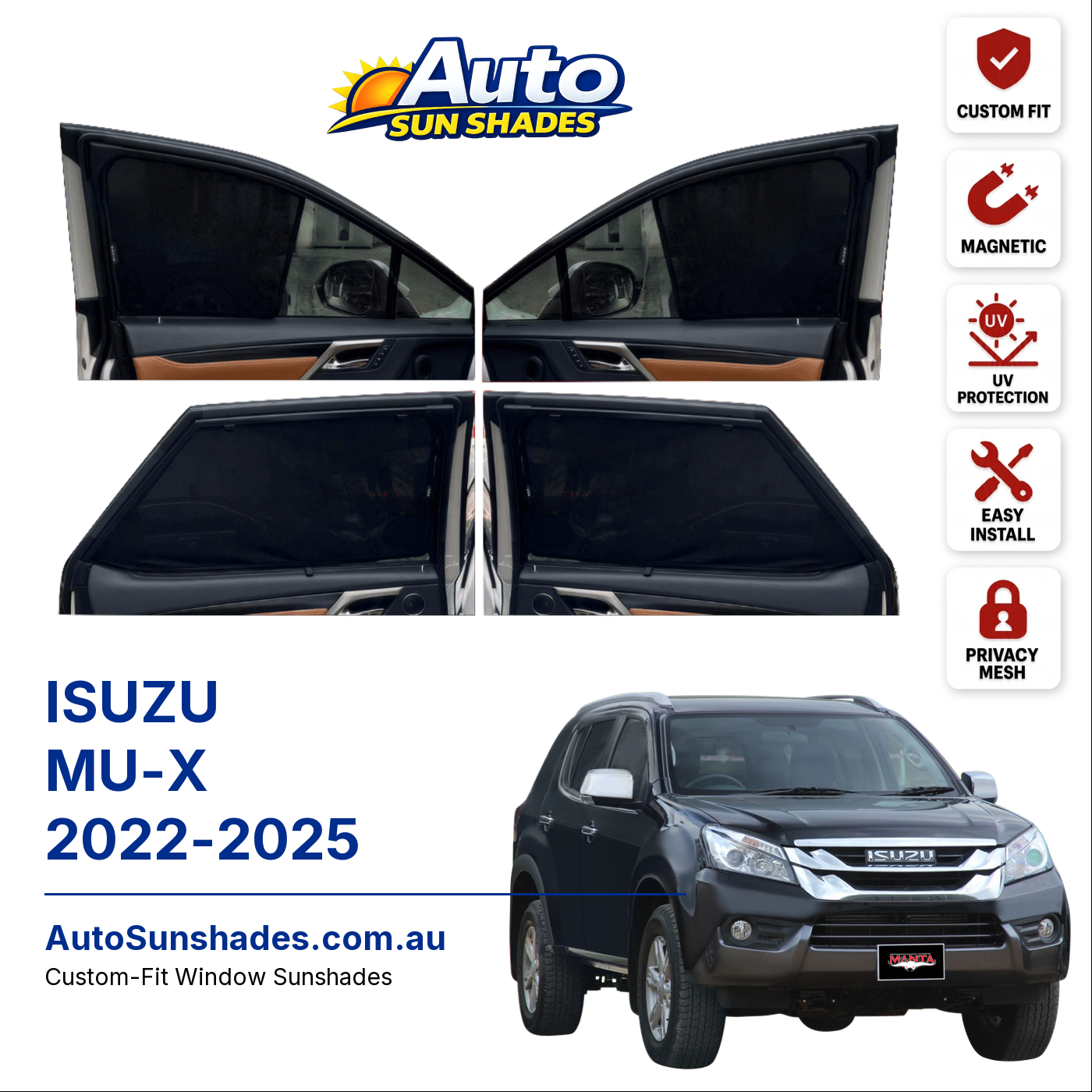 ISUZU MU-X 2022-2025 custom-fit magnetic car window sun shades