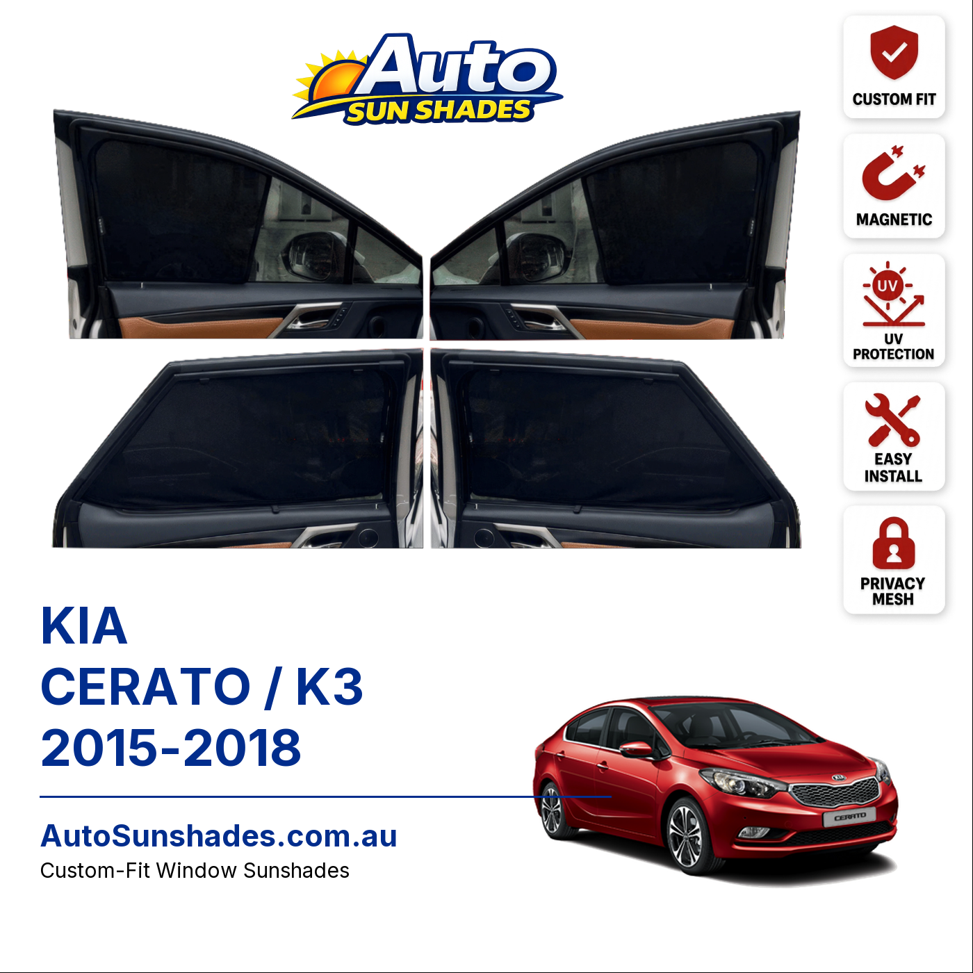 KIA CERATO / K3 2015-2018 custom-fit magnetic car window sun shades