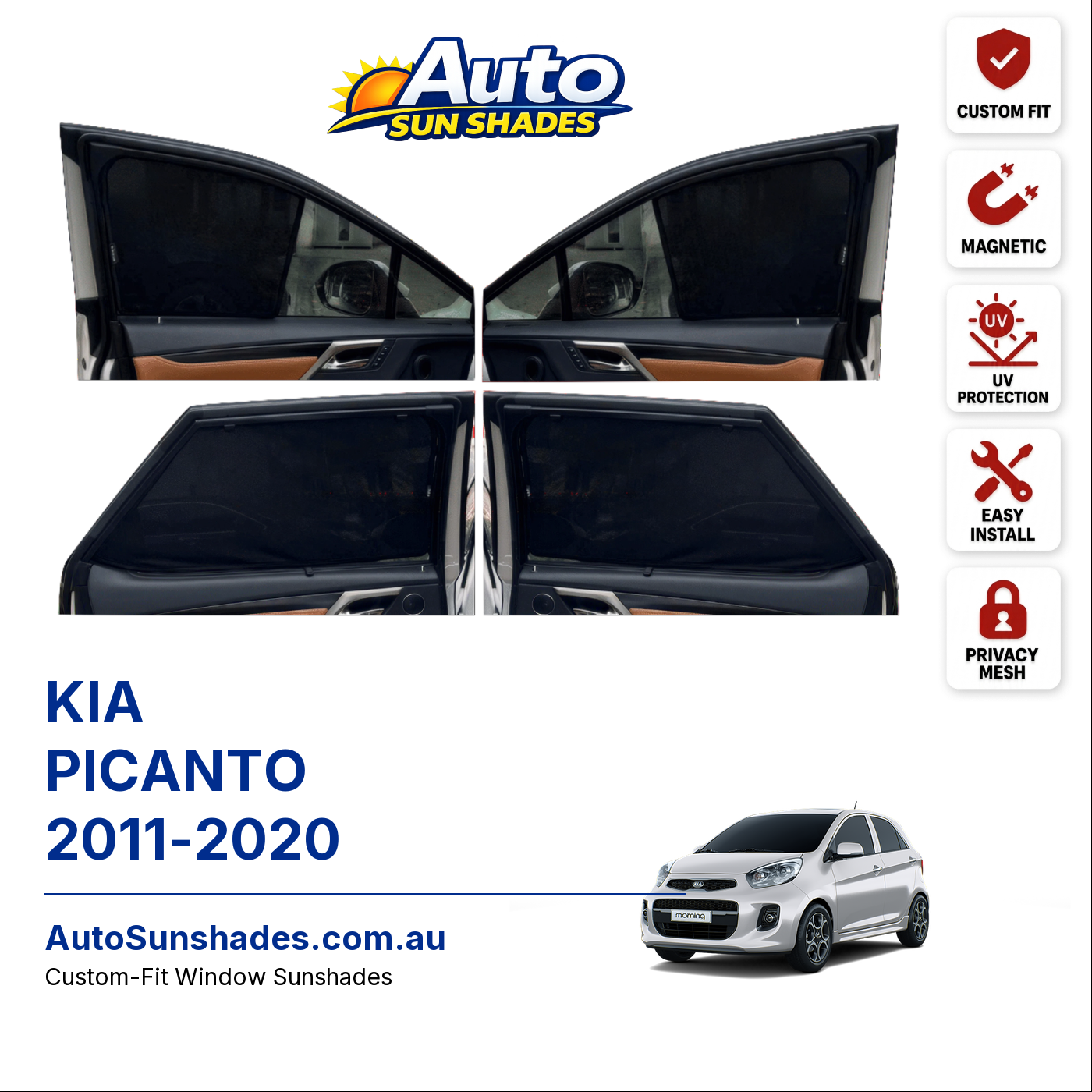 KIA PICANTO 2011-2020 custom-fit magnetic car window sun shades