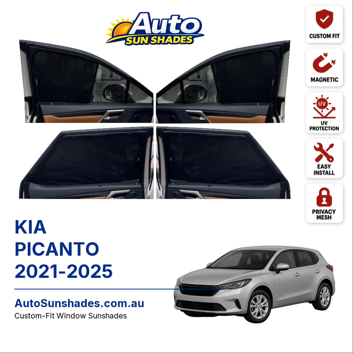 KIA PICANTO 2021-2025 custom-fit magnetic car window sun shades