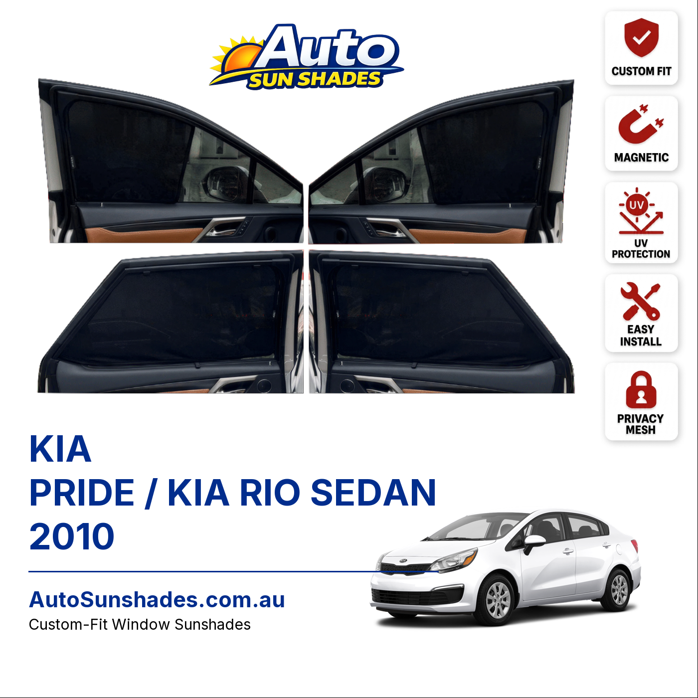 KIA PRIDE / KIA RIO SEDAN 2010 custom-fit magnetic car window sun shades