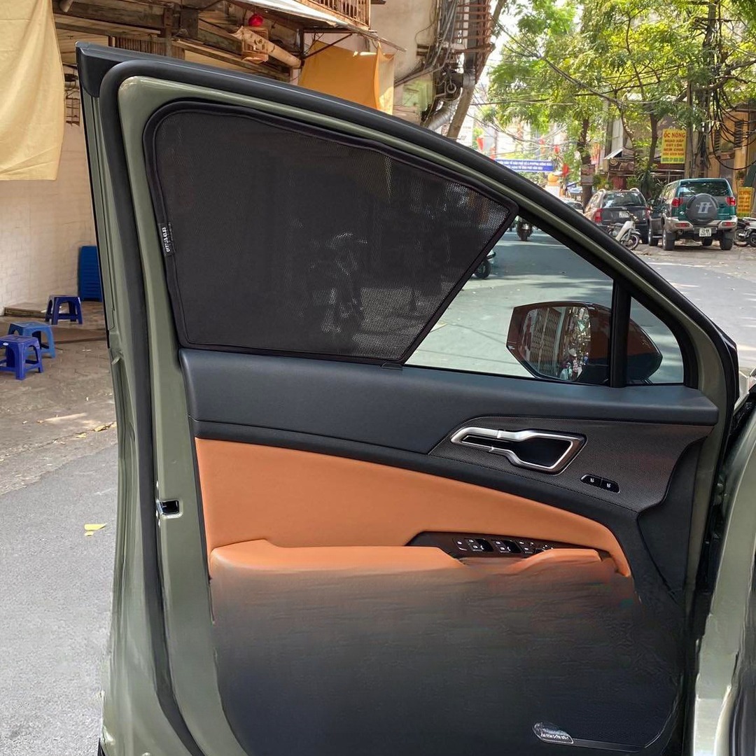 Kia Sportage front door window shaded with mesh, wing mirror and road visible beyond