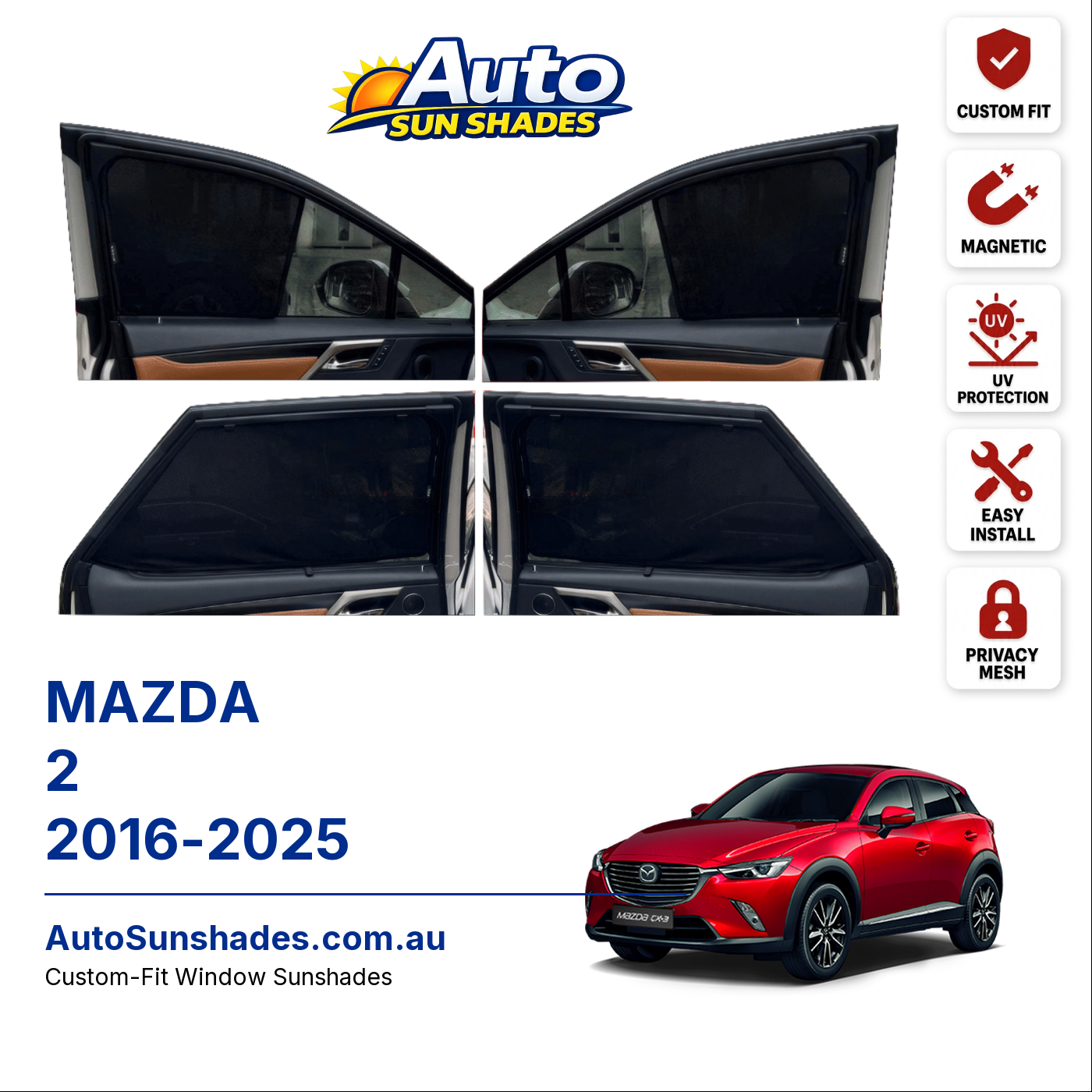 MAZDA 2 2016-2025 custom-fit magnetic car window sun shades