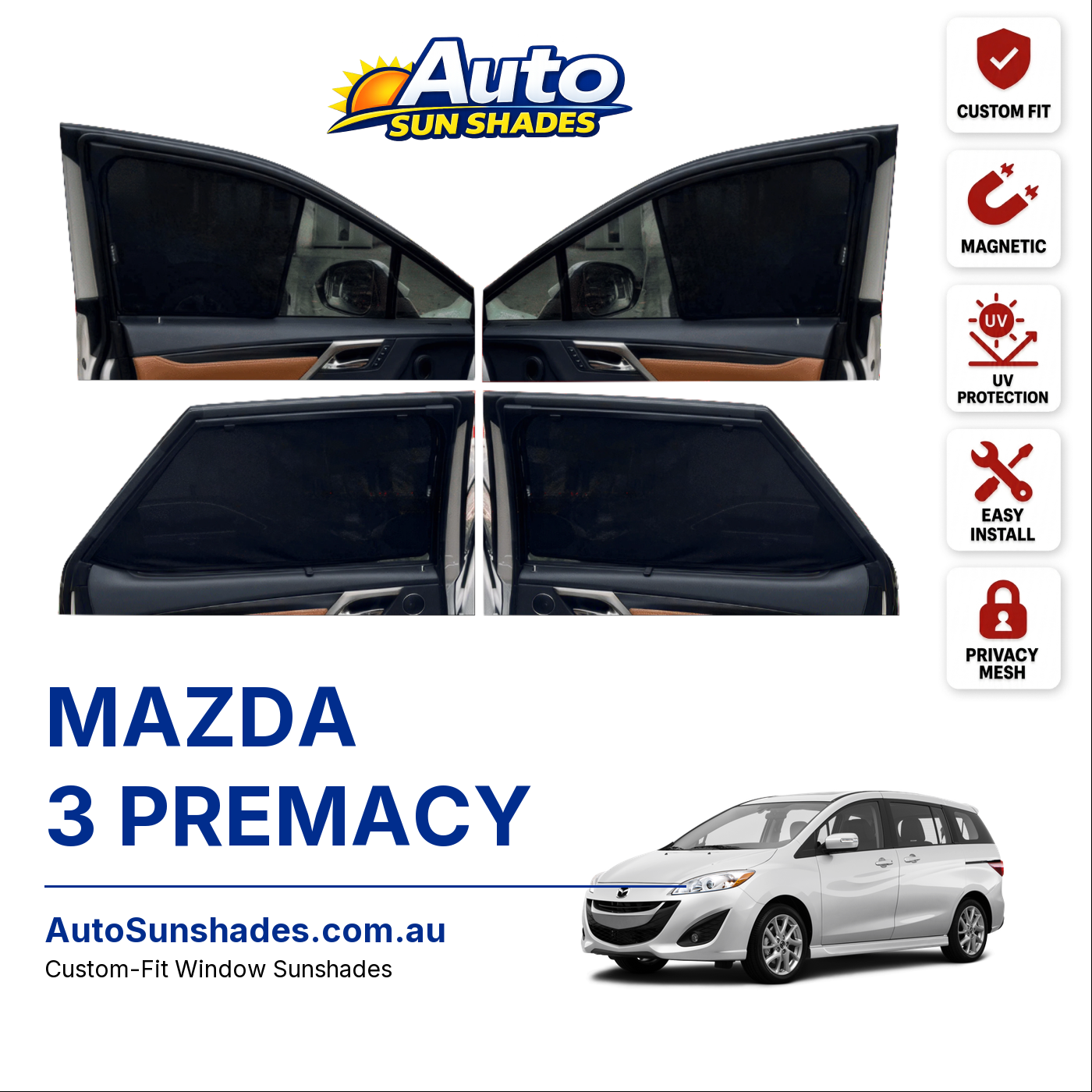 MAZDA 3 PREMACY custom-fit magnetic car window sun shades