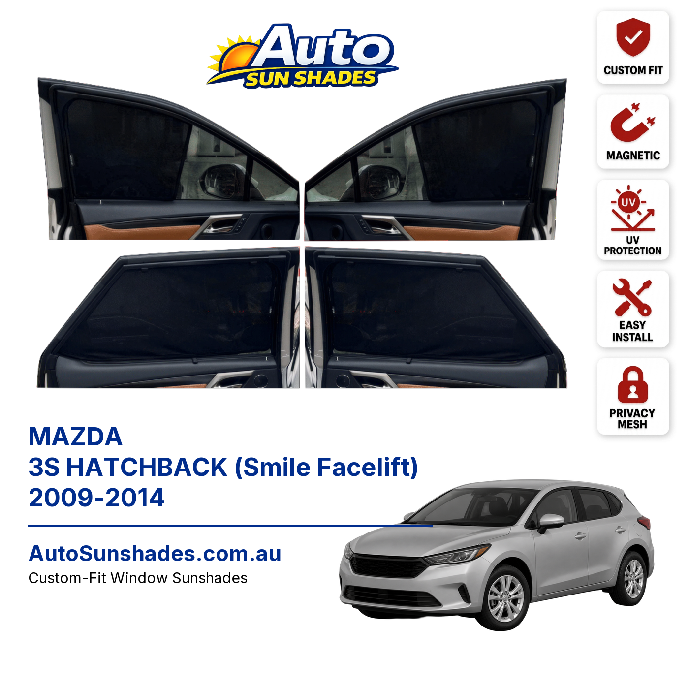 MAZDA 3S HATCHBACK (Smile Facelift) 2009-2014 custom-fit magnetic car window sun shades