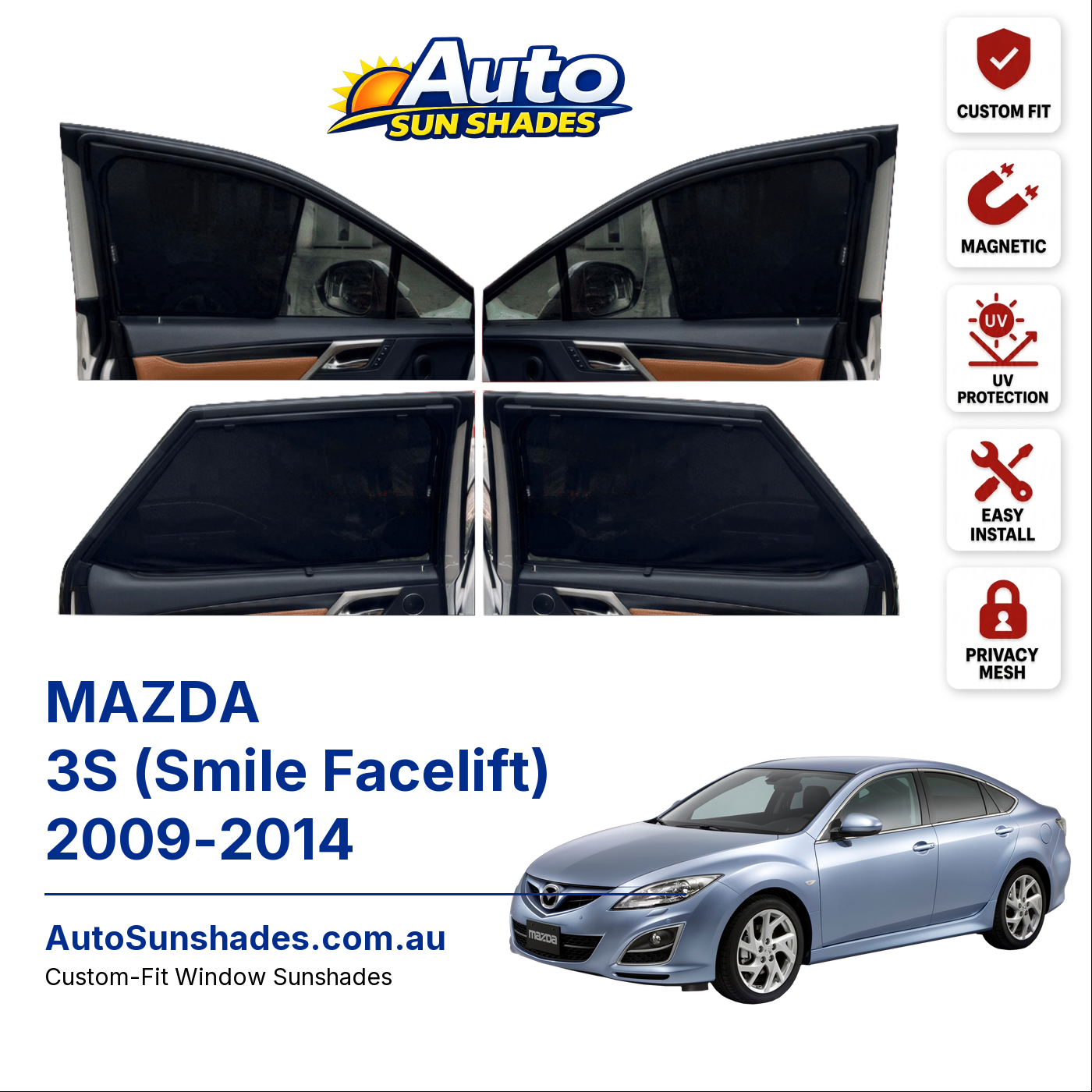 MAZDA 3S (Smile Facelift) 2009-2014 custom-fit magnetic car window sun shades