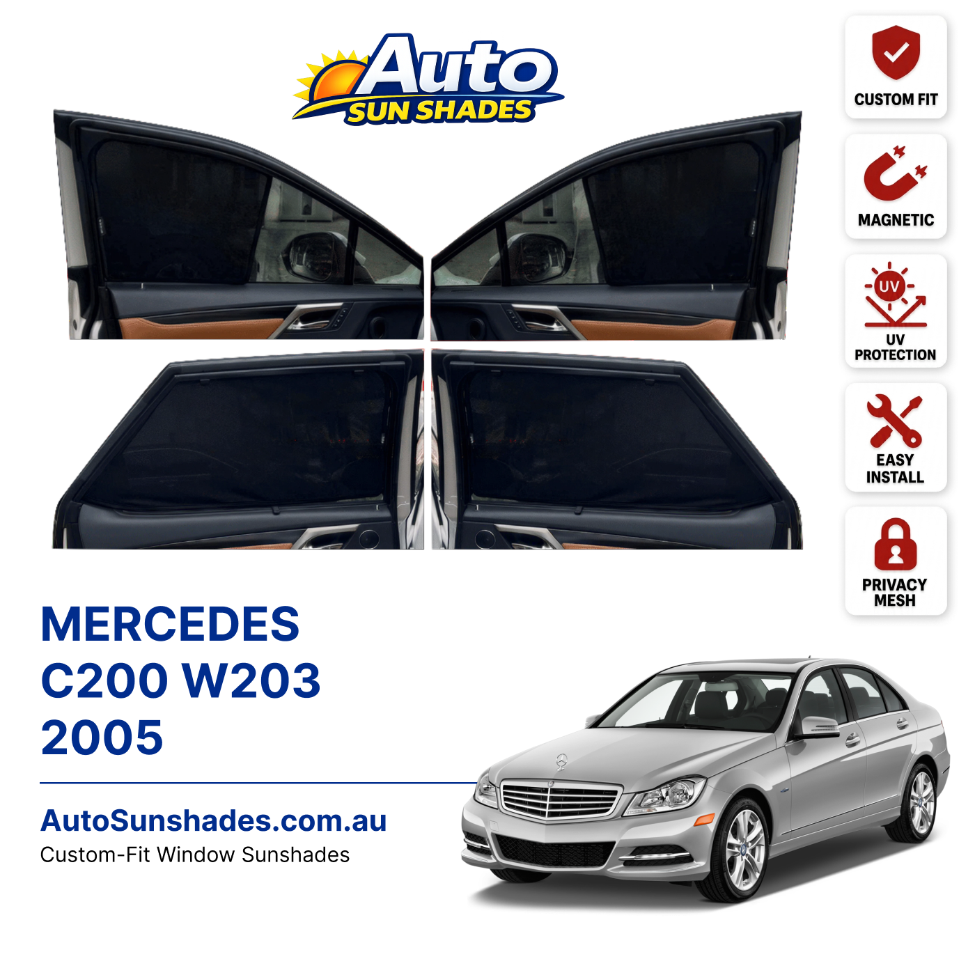 MERCEDES C200 W203 2005 custom-fit magnetic car window sun shades