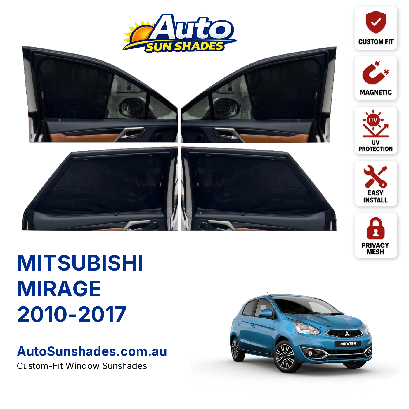 MITSUBISHI MIRAGE 2010-2017 custom-fit magnetic car window sun shades