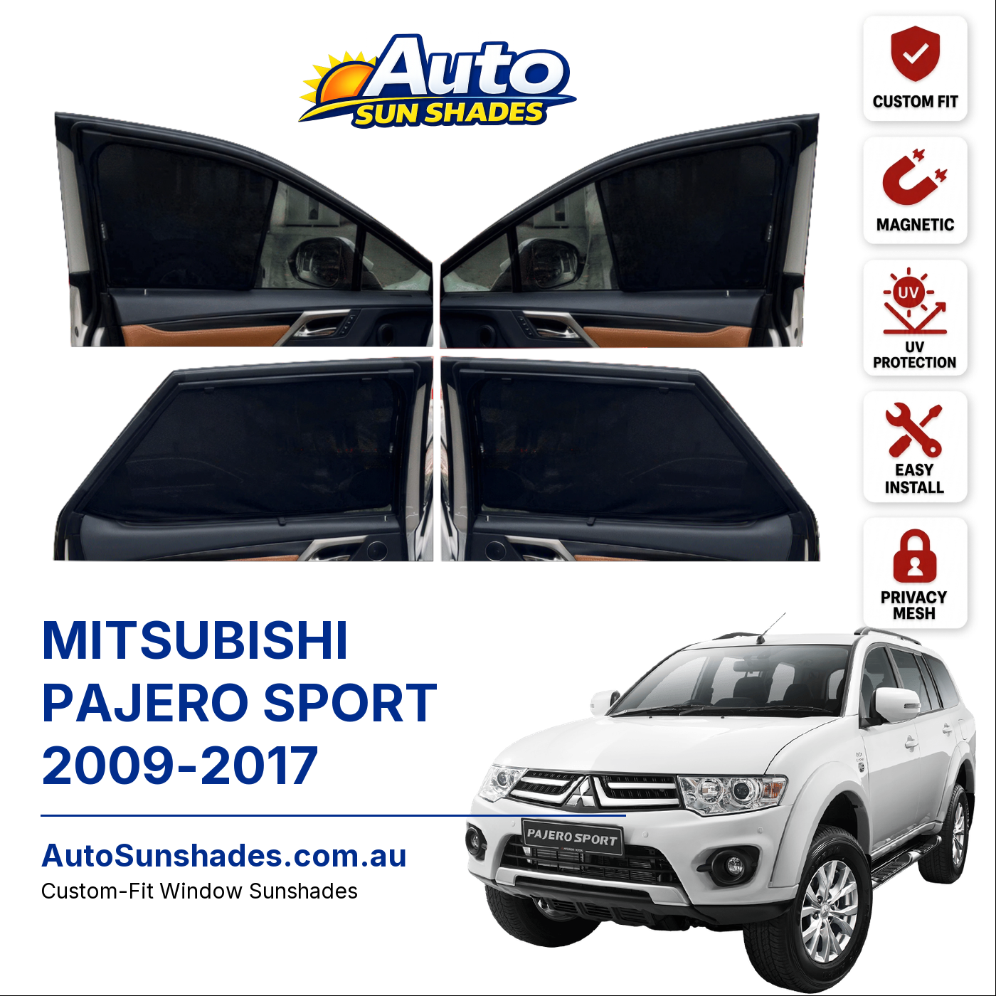 MITSUBISHI PAJERO SPORT 2009-2017 custom-fit magnetic car window sun shades