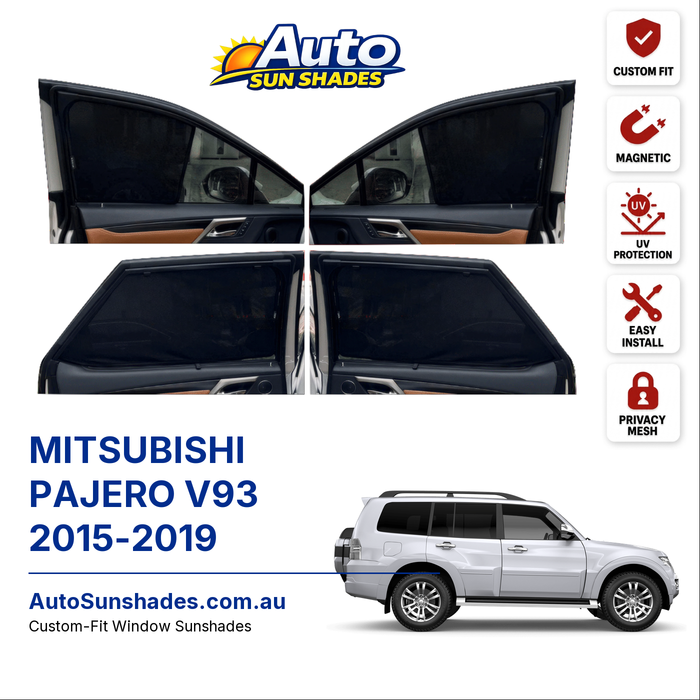 MITSUBISHI PAJERO V93 2015-2019 custom-fit magnetic car window sun shades