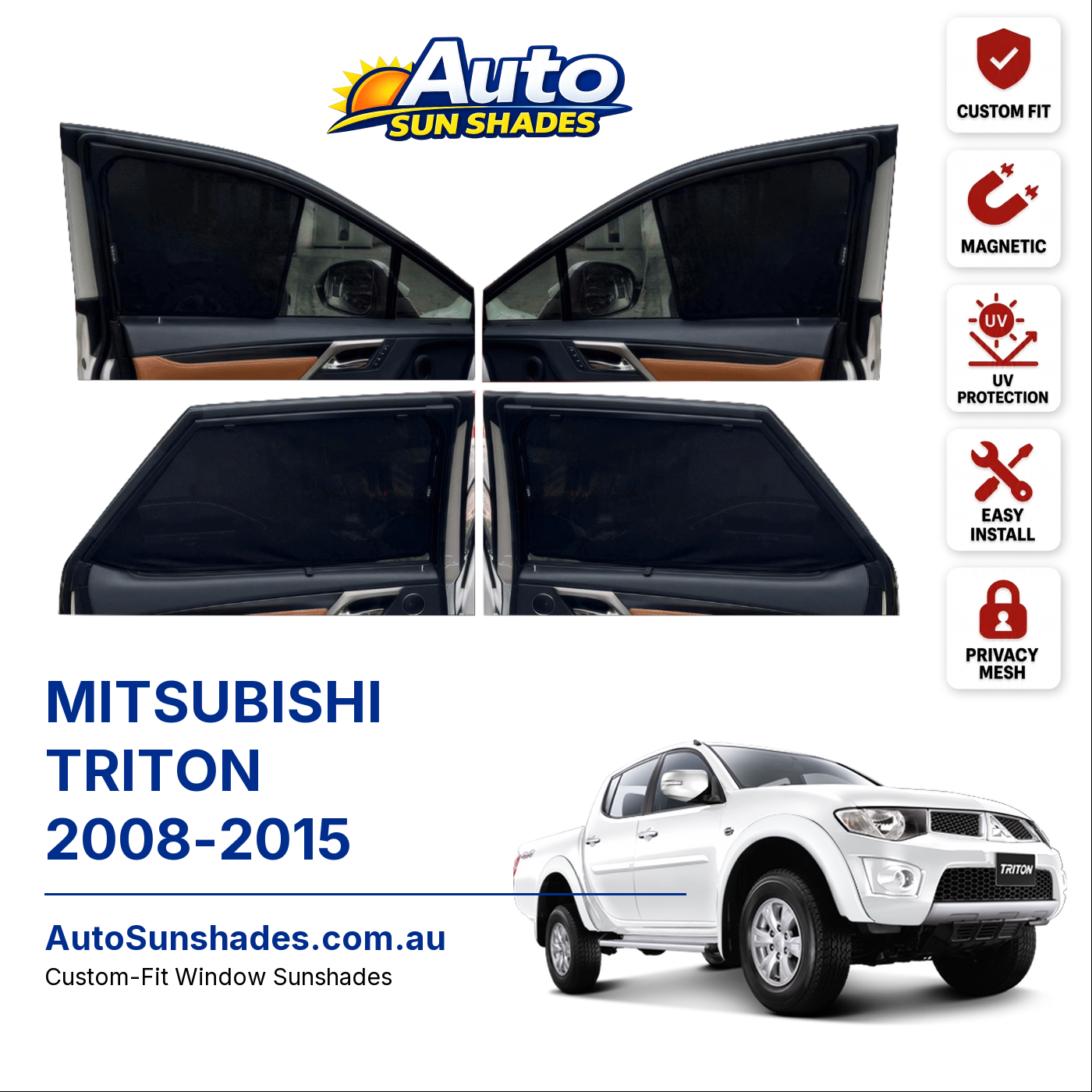 MITSUBISHI TRITON 2008-2015 custom-fit magnetic car window sun shades