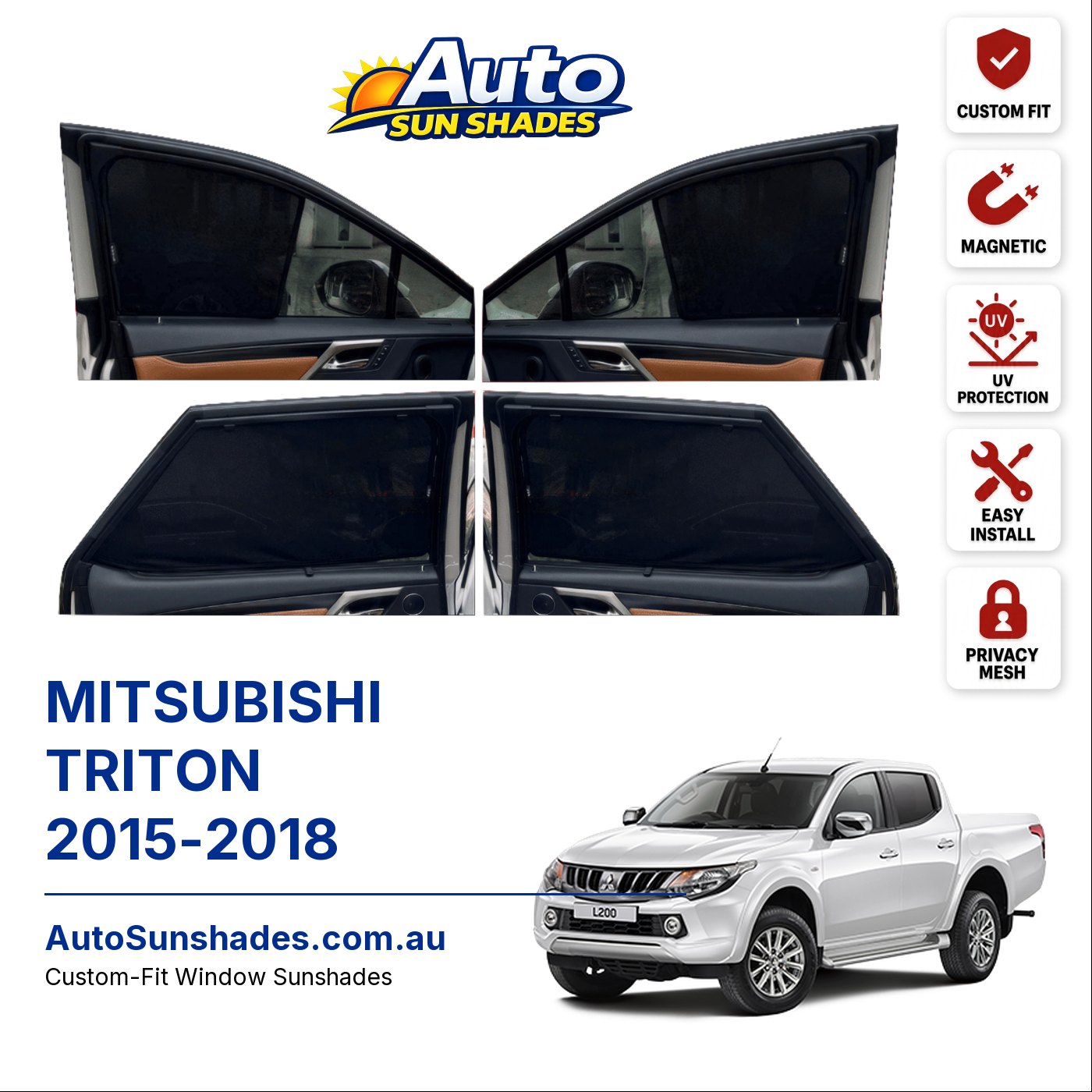 MITSUBISHI TRITON 2015-2018 custom-fit magnetic car window sun shades