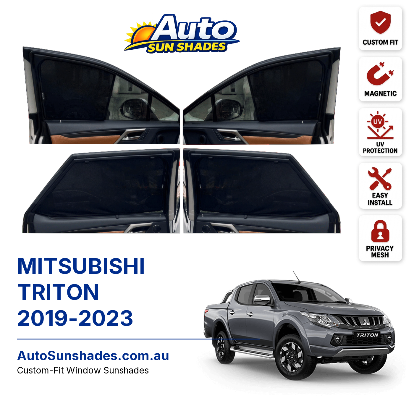 MITSUBISHI TRITON 2019-2023 custom-fit magnetic car window sun shades