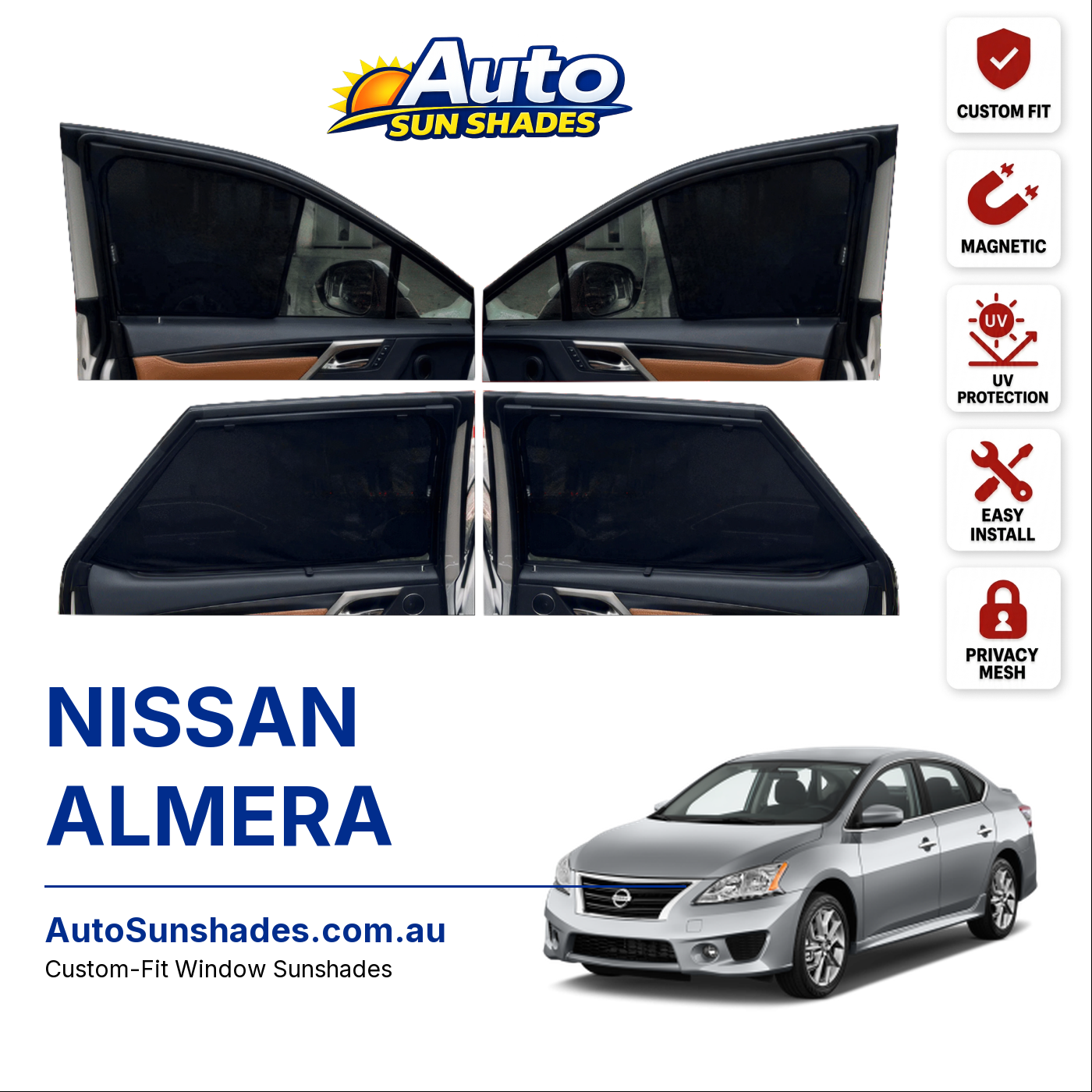 NISSAN ALMERA custom-fit magnetic car window sun shades