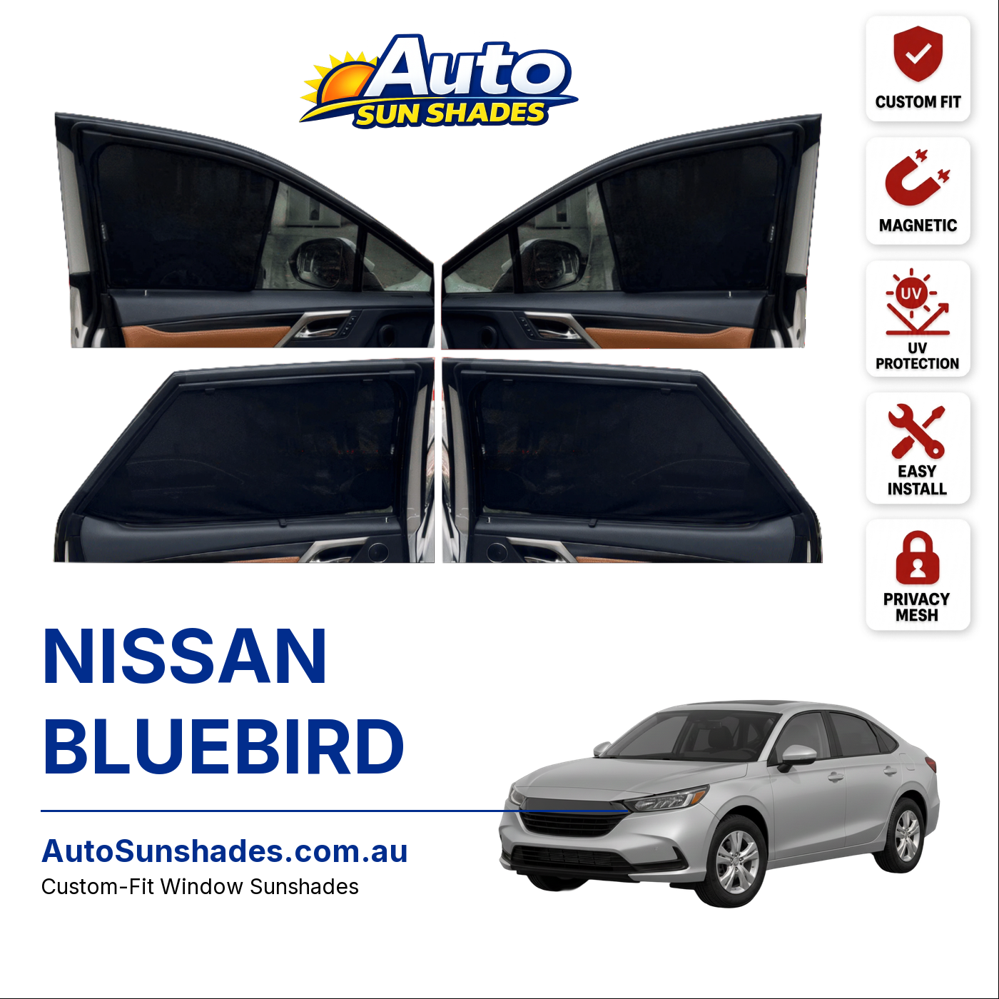 NISSAN BLUEBIRD custom-fit magnetic car window sun shades