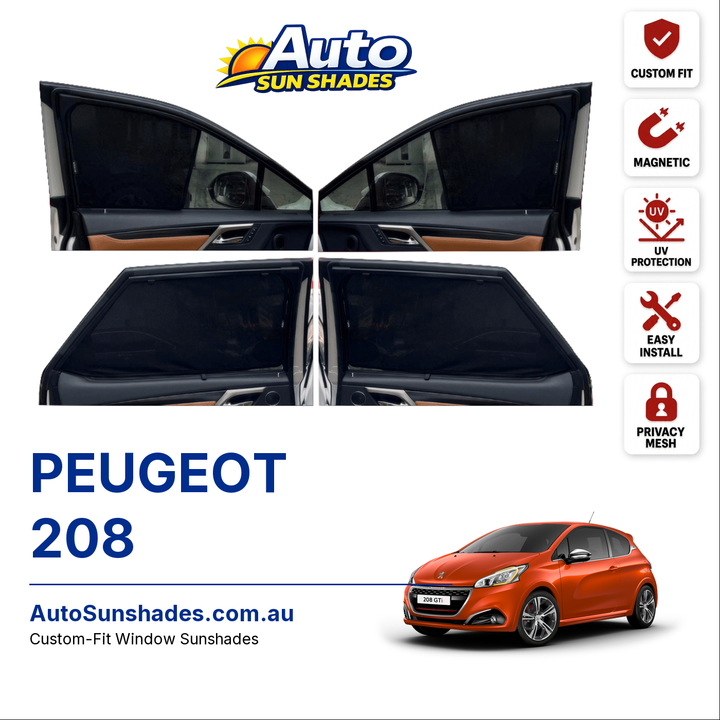 PEUGEOT 208 custom-fit magnetic car window sun shades