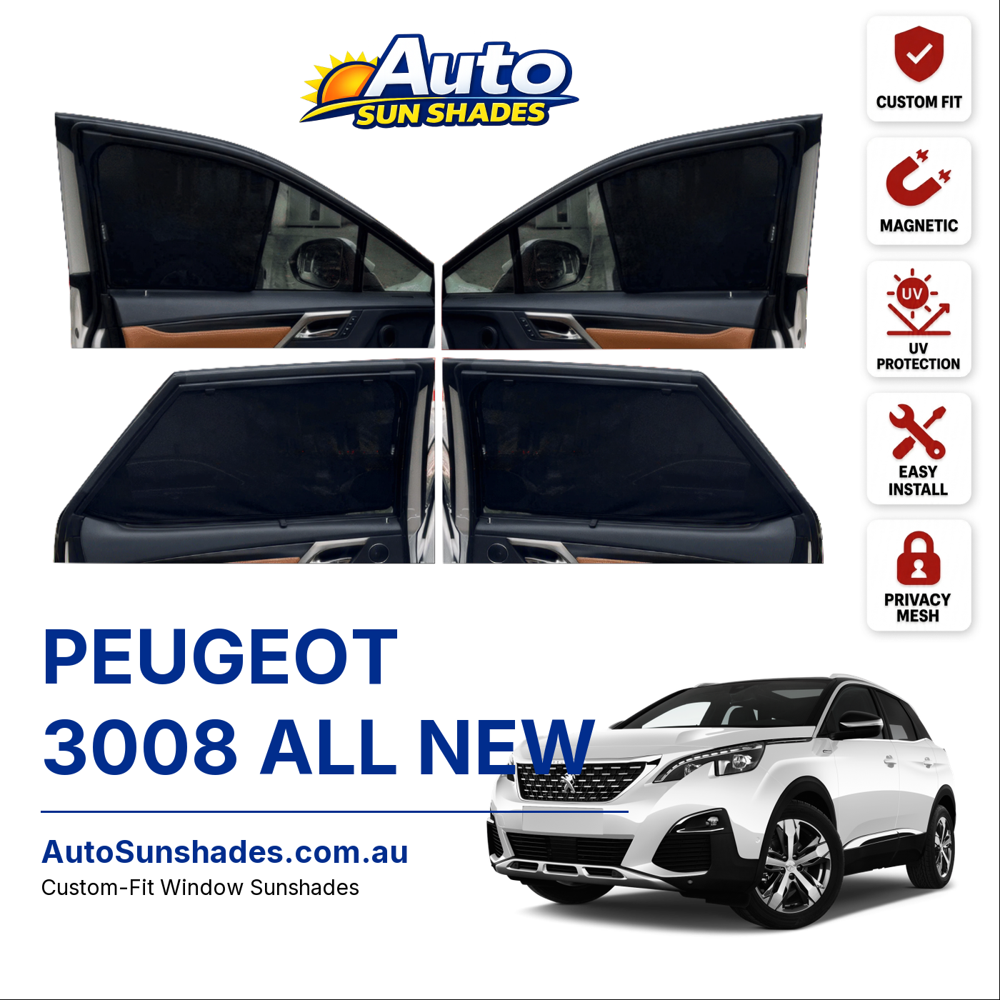 PEUGEOT 3008 ALL NEW custom-fit magnetic car window sun shades