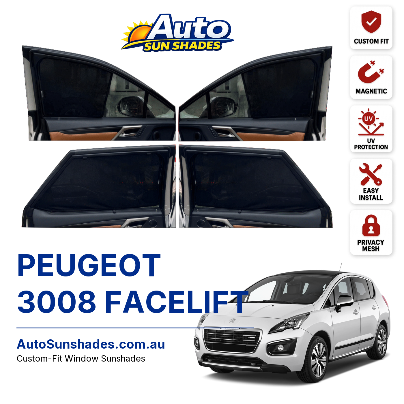 PEUGEOT 3008 FACELIFT custom-fit magnetic car window sun shades