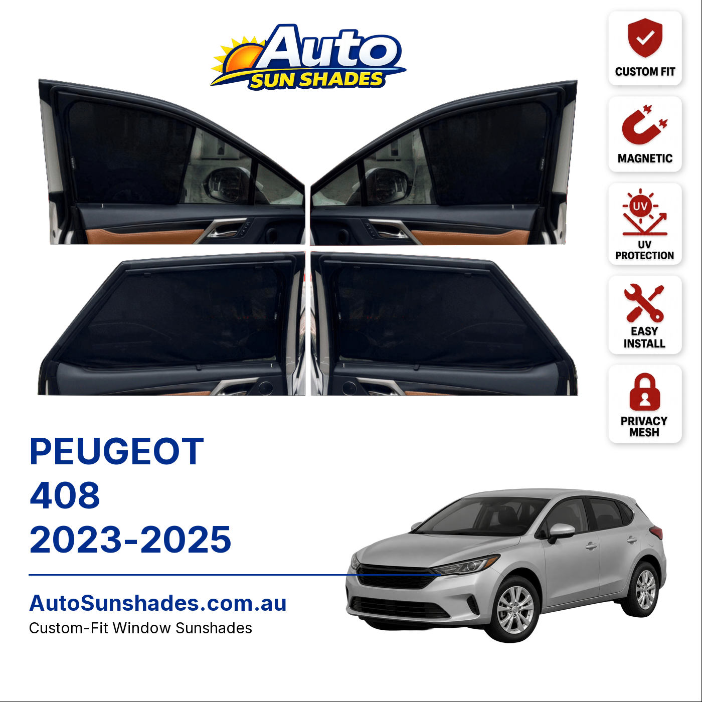 PEUGEOT 408 2023-2025 custom-fit magnetic car window sun shades