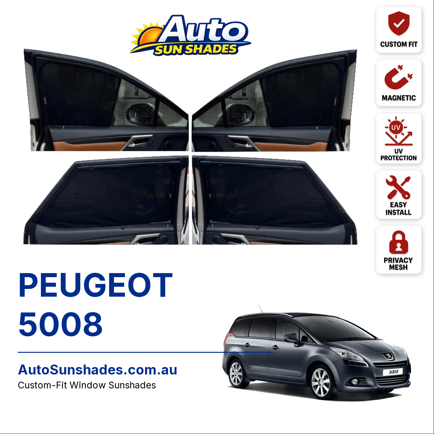 PEUGEOT 5008 custom-fit magnetic car window sun shades