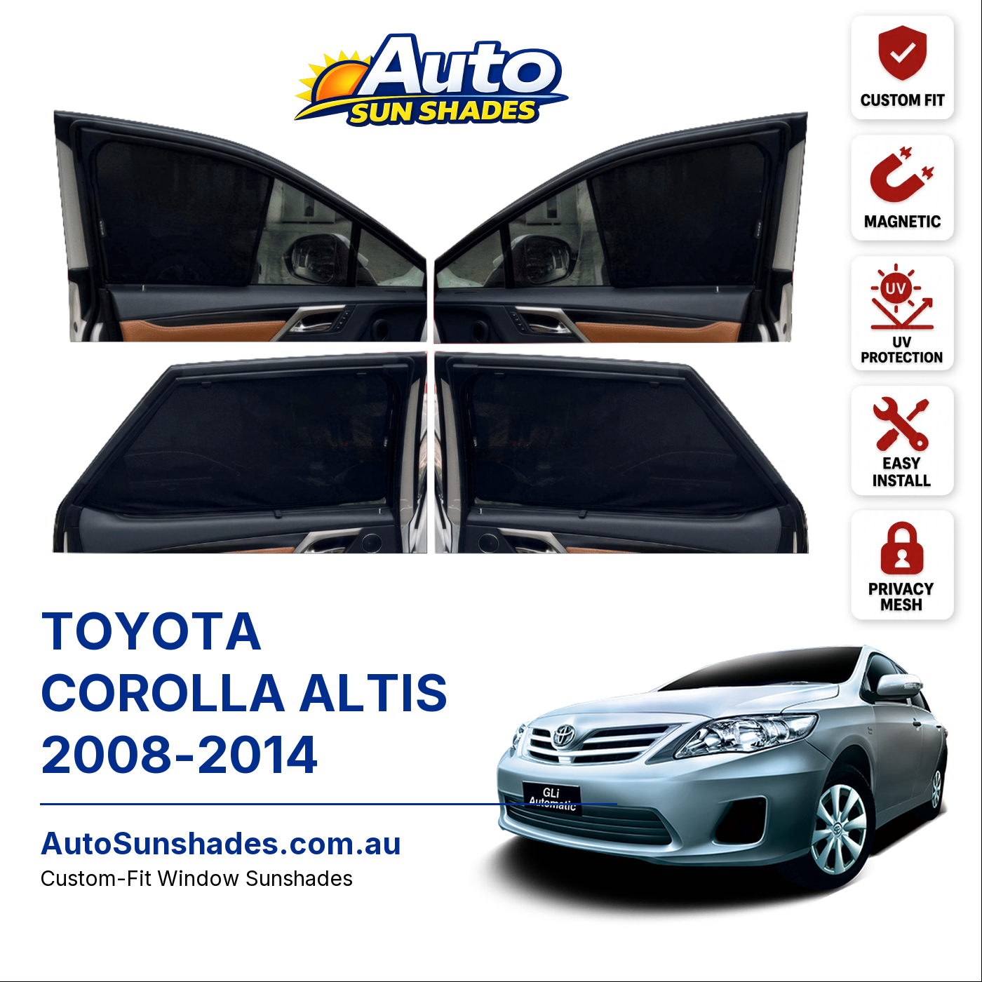 TOYOTA COROLLA ALTIS 2008-2014 custom-fit magnetic car window sun shades