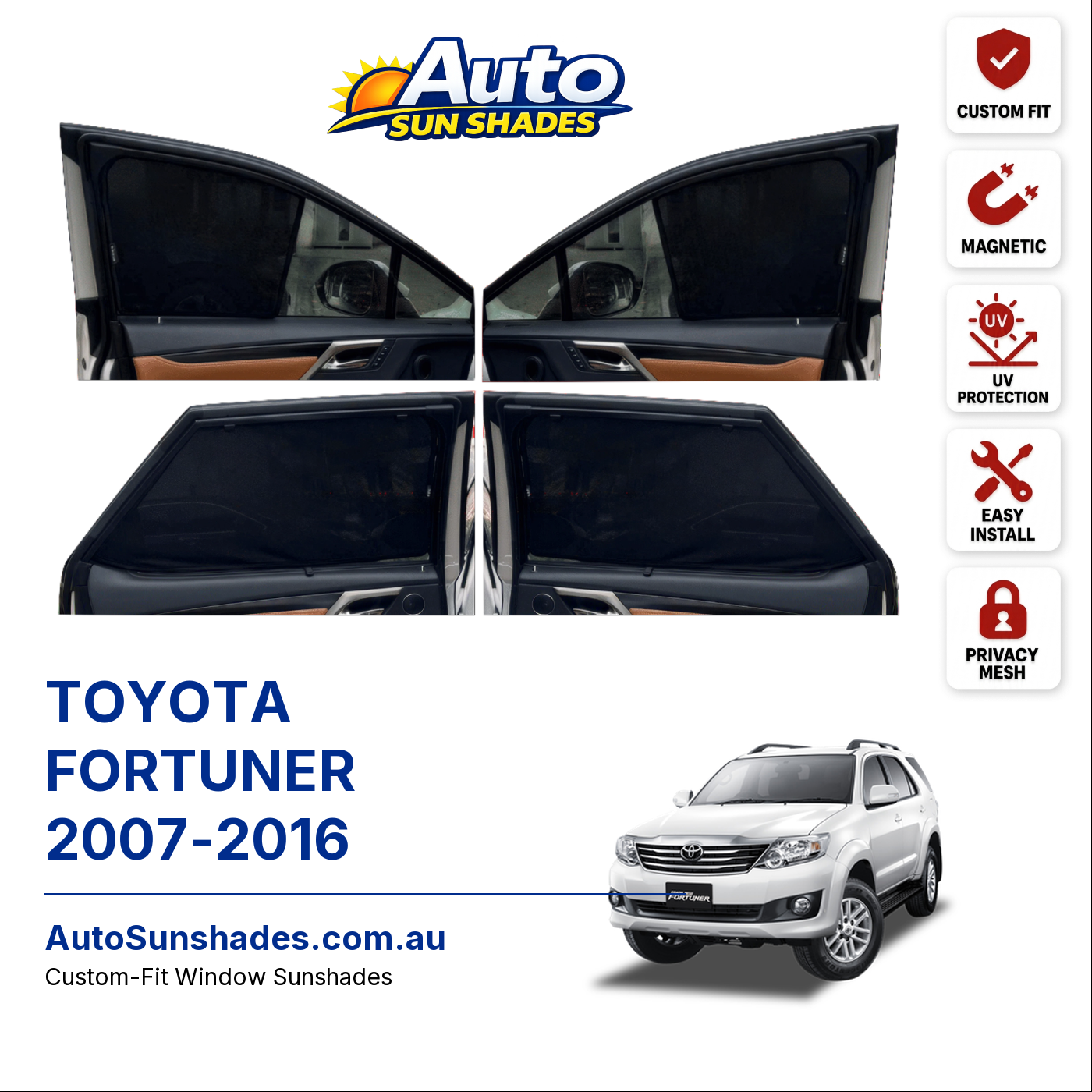 TOYOTA FORTUNER 2007-2016 custom-fit magnetic car window sun shades