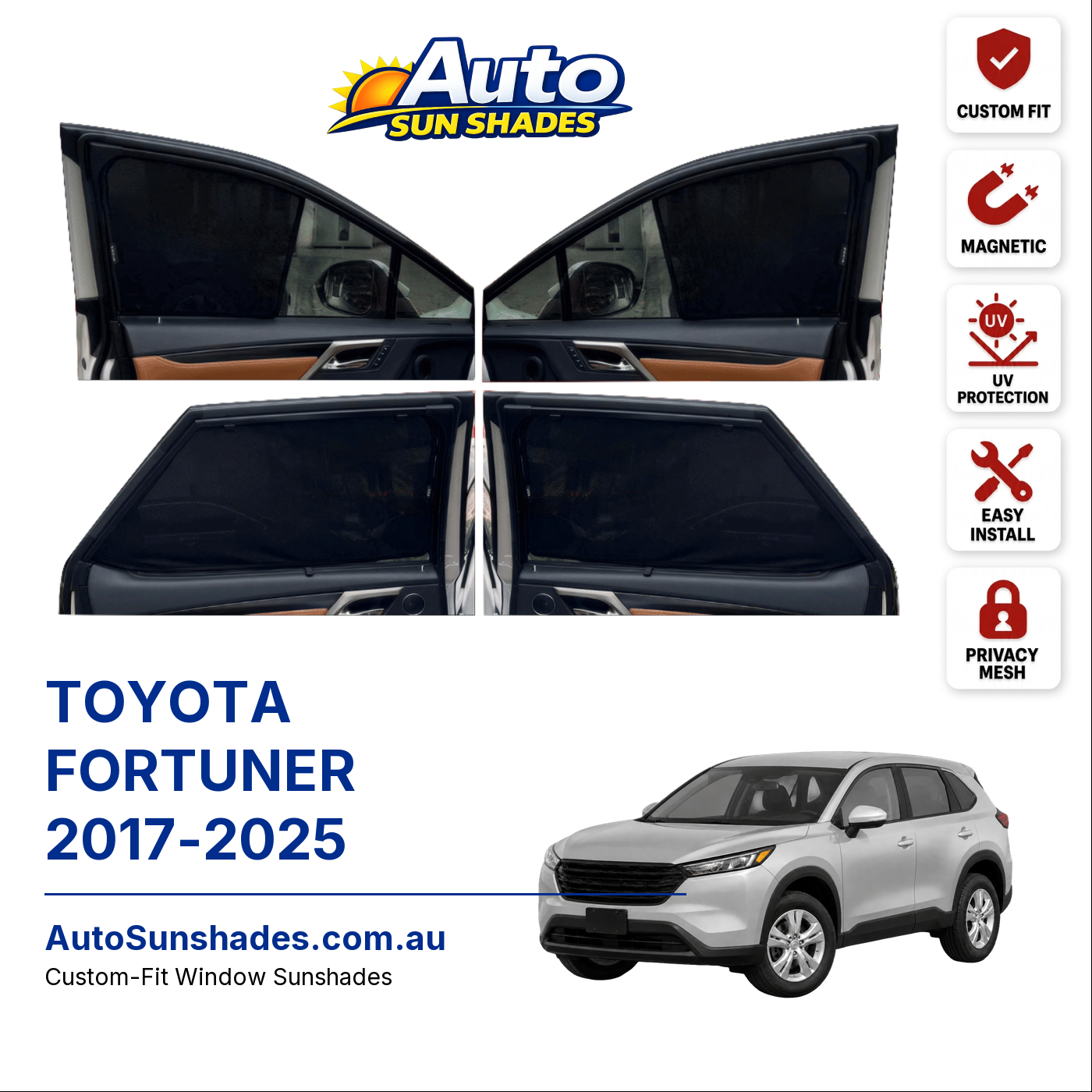 TOYOTA FORTUNER 2017-2025 custom-fit magnetic car window sun shades