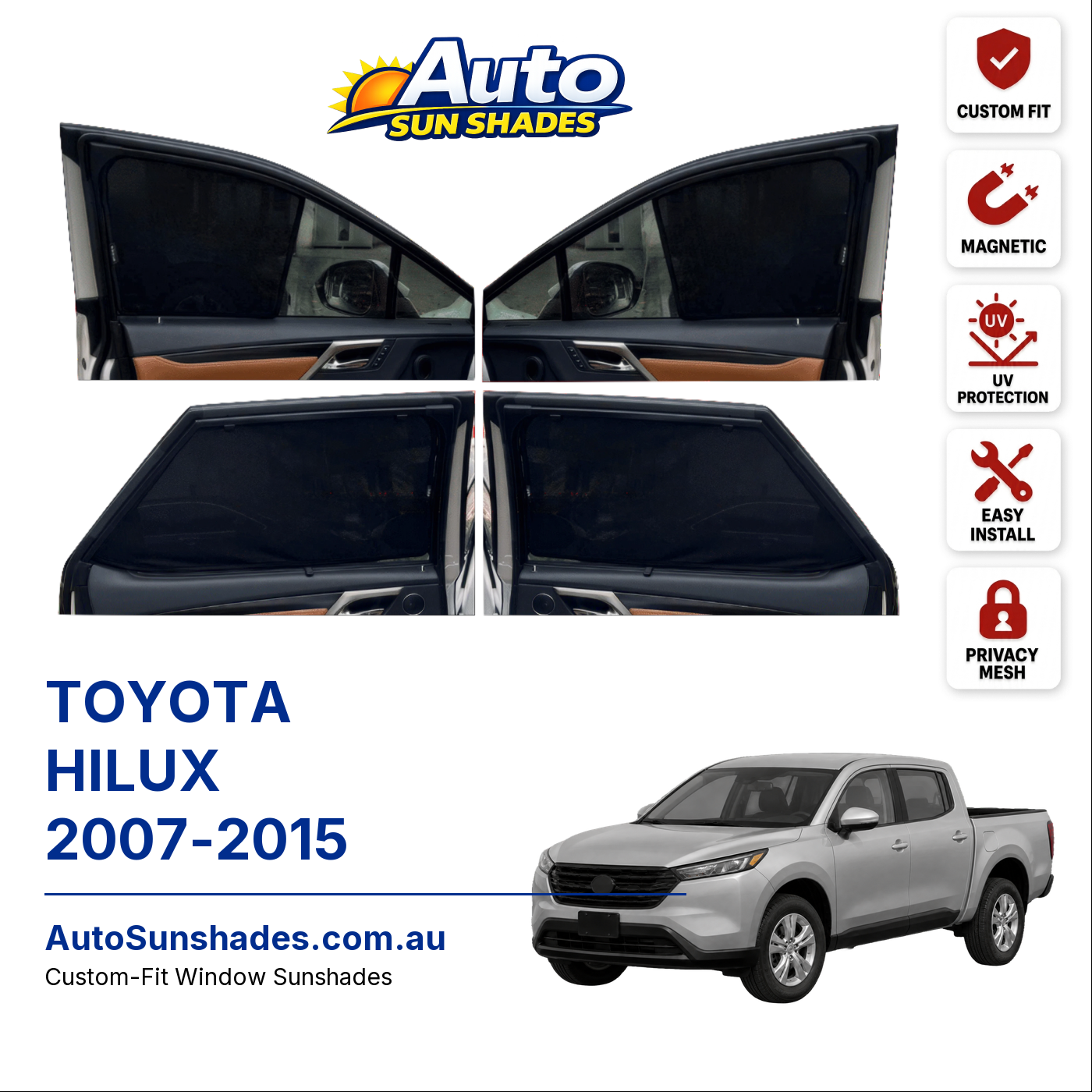TOYOTA HILUX 2007-2015 custom-fit magnetic car window sun shades