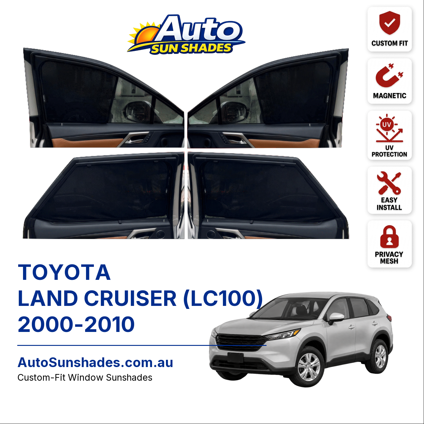 TOYOTA LAND CRUISER (LC100) 2000-2010 custom-fit magnetic car window sun shades