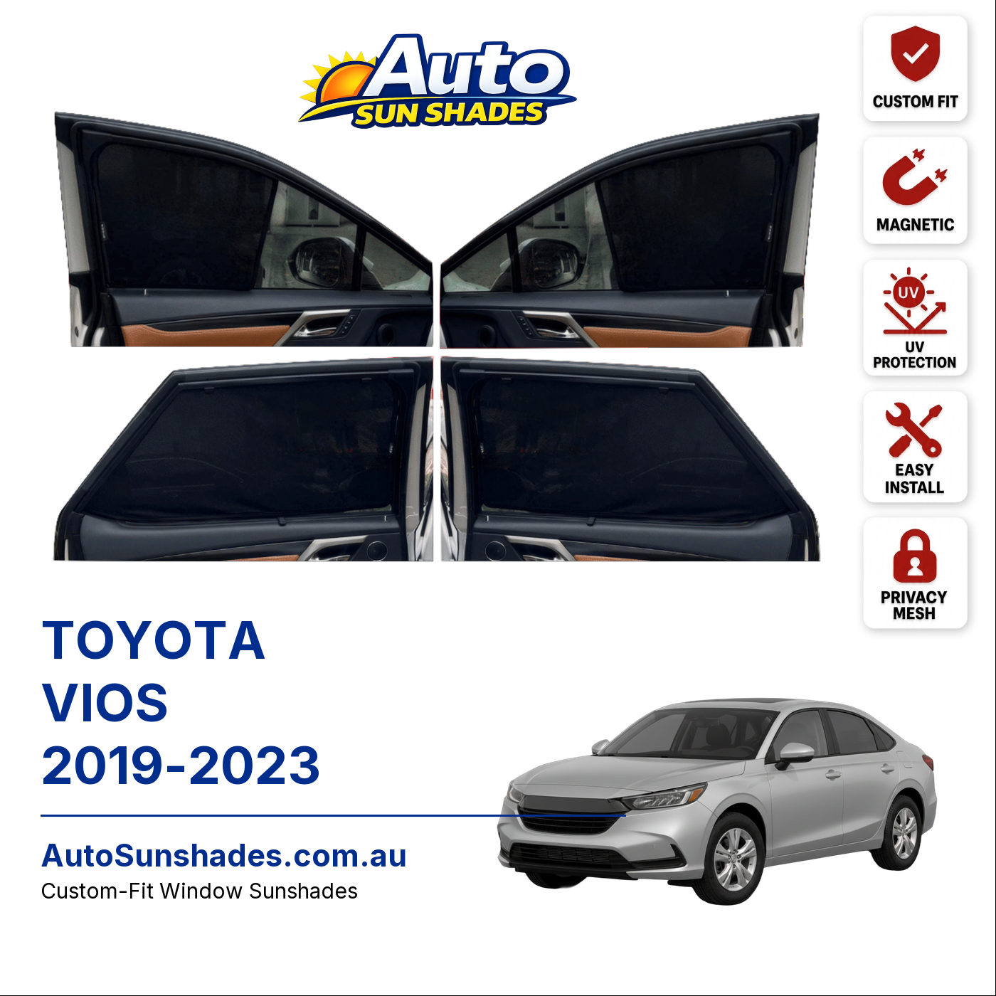 TOYOTA VIOS 2019-2023 custom-fit magnetic car window sun shades